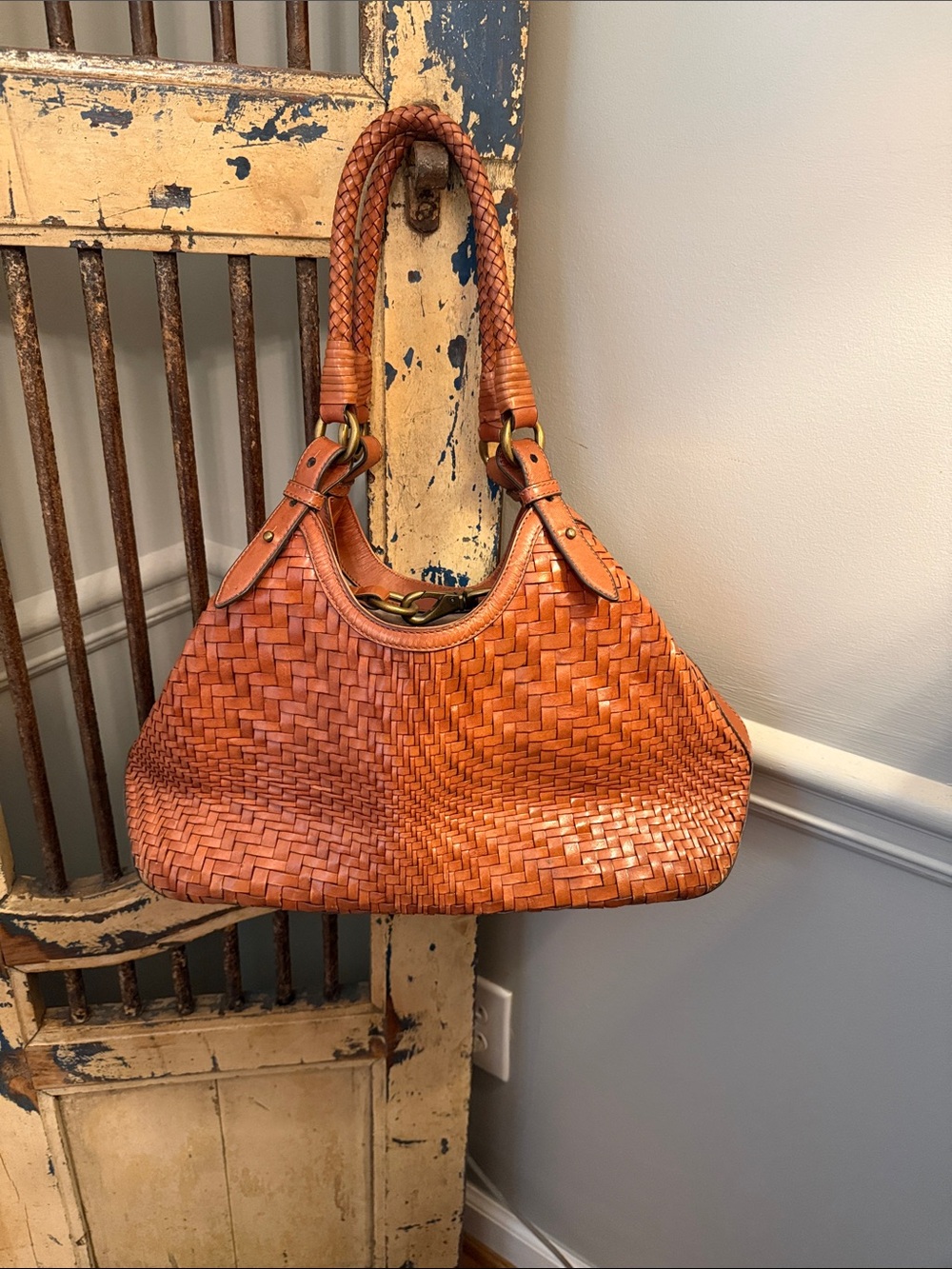 Cole Haan Woven Leather Shoulder Bag - Cognac Brown